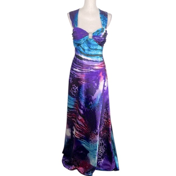 90's Y2K Purple & Turquoise Animal Print Leopard Silky Satin Maxi Dress Size L - Picture 1 of 7